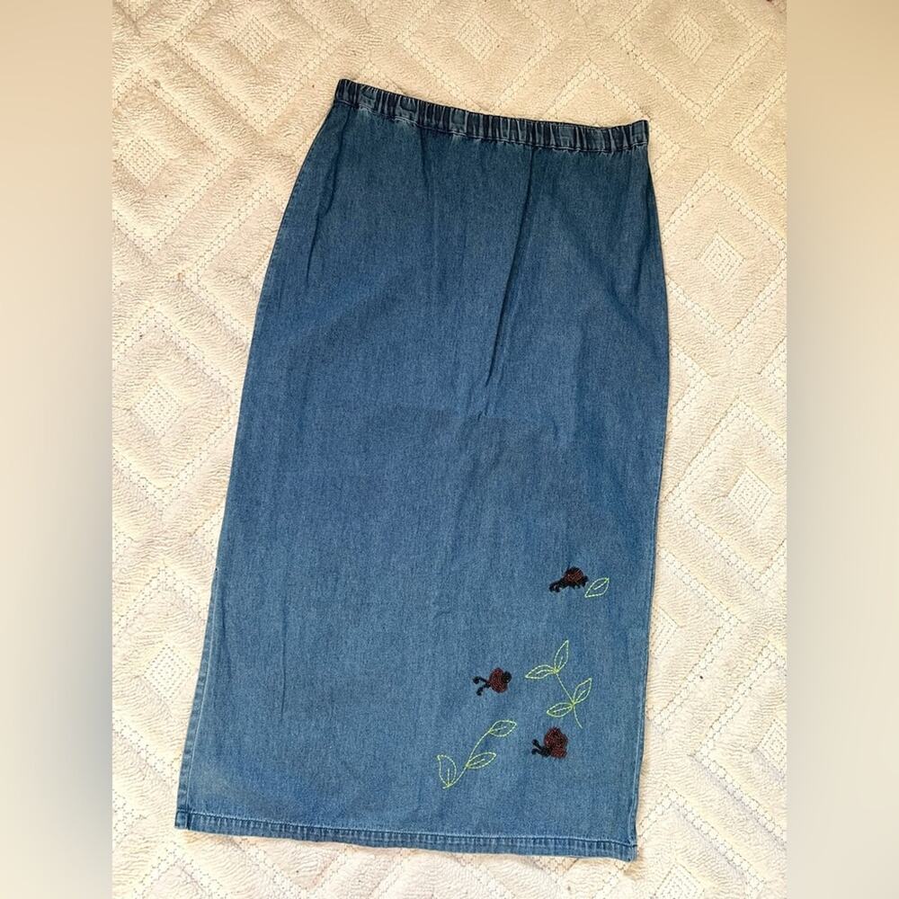 Vintage y2k denim maxi skirt beaded butterfly elastic waist spring summer